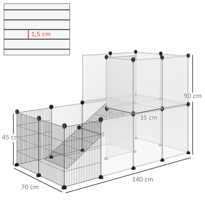 Recinto para Animais de Estimação Pequenos DIY com 21 Painéis de Resina e 6 Painéis de Arame Gaiola Modular de Plástico para Hamsters Cobaias Coelhos 140x70x90cm Transparente e Preto
