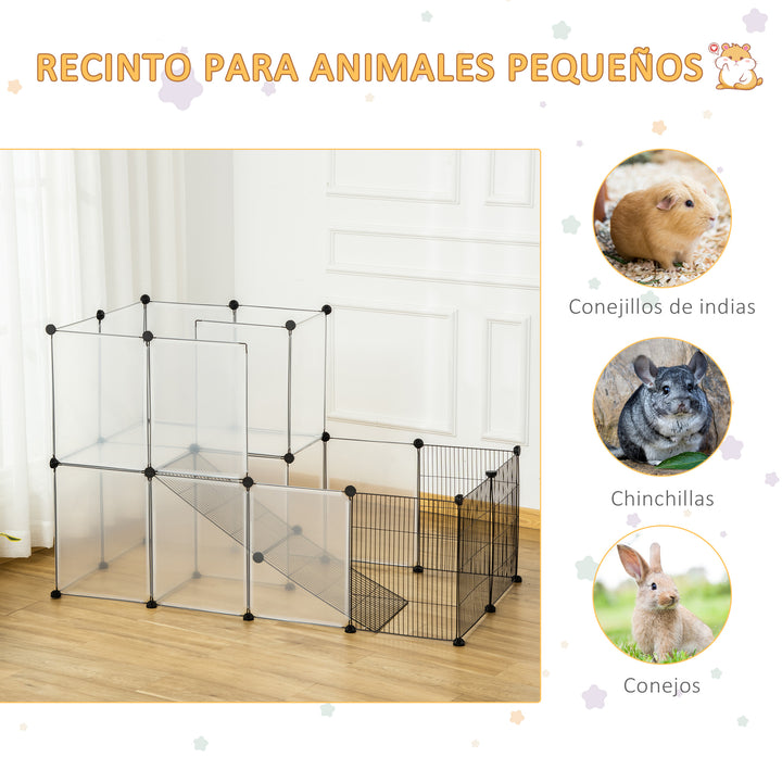 Recinto para Animais de Estimação Pequenos DIY com 21 Painéis de Resina e 6 Painéis de Arame Gaiola Modular de Plástico para Hamsters Cobaias Coelhos 140x70x90cm Transparente e Preto