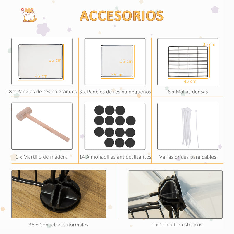 Recinto para Animais de Estimação Pequenos DIY com 21 Painéis de Resina e 6 Painéis de Arame Gaiola Modular de Plástico para Hamsters Cobaias Coelhos 140x70x90cm Transparente e Preto