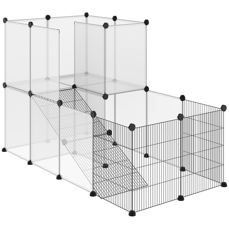 Recinto para Animais de Estimação Pequenos DIY com 21 Painéis de Resina e 6 Painéis de Arame Gaiola Modular de Plástico para Hamsters Cobaias Coelhos 140x70x90cm Transparente e Preto