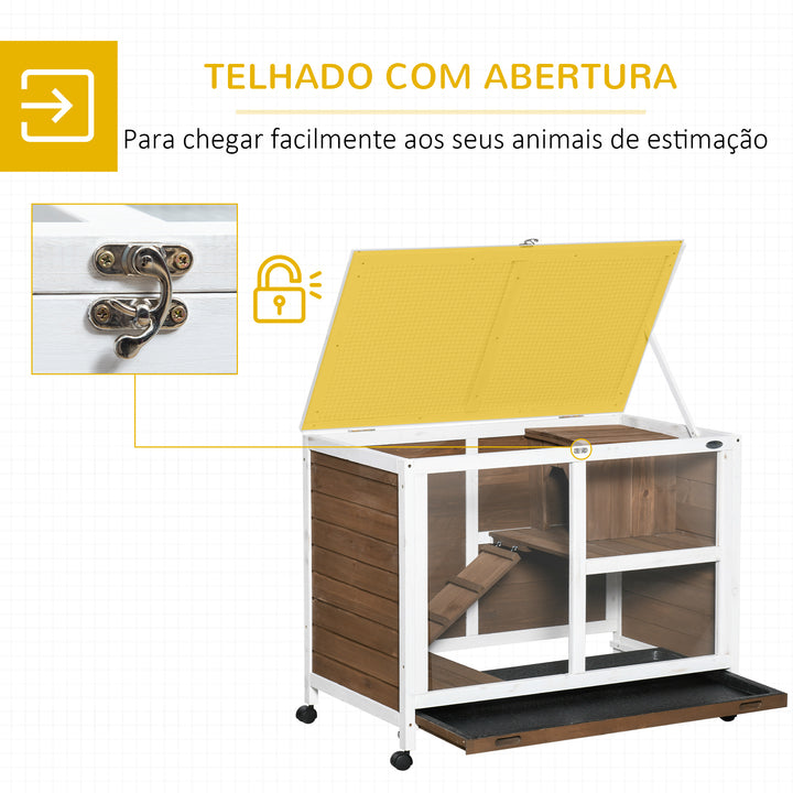 Coelheira de Madeira com Rodas 91,5x53,5x73cm Gaiola para Coelhos de 2 Níveis com Teto Abatível Bandeja Amovível e Rampa Marrom