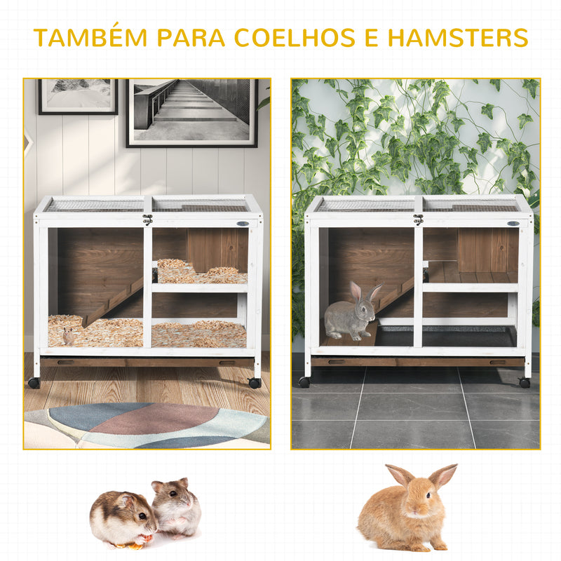 Coelheira de Madeira com Rodas 91,5x53,5x73cm Gaiola para Coelhos de 2 Níveis com Teto Abatível Bandeja Amovível e Rampa Marrom