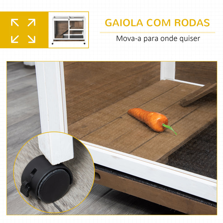 Coelheira de Madeira com Rodas 91,5x53,5x73cm Gaiola para Coelhos de 2 Níveis com Teto Abatível Bandeja Amovível e Rampa Marrom