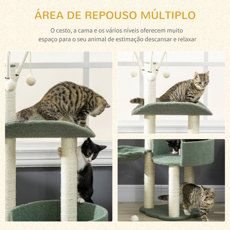 Árvore Arranhador para Gatos Torre para Gatos Altura 123cm com Rede Cama Postes de Sisal e Bola de Brincar 44x43x123cm Verde e Creme