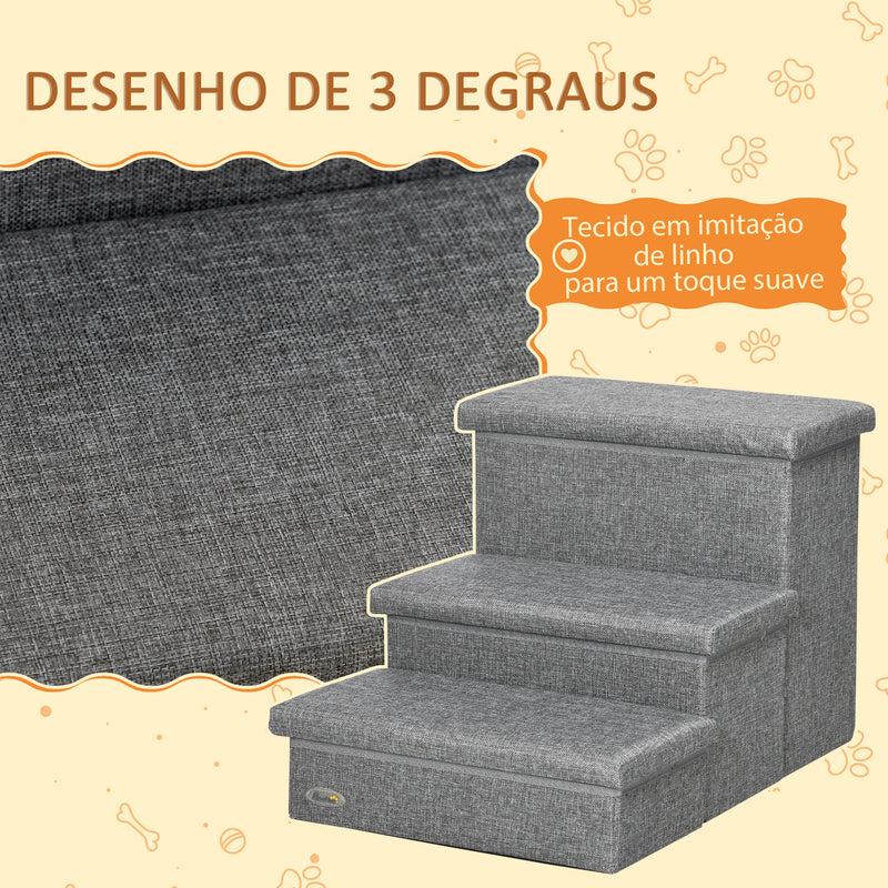 Escada para Animais de Estimação com 3 Degraus para Cães Gatos com Espaço de Armazenamento 63,5x42,5x40,5 cm Cinza