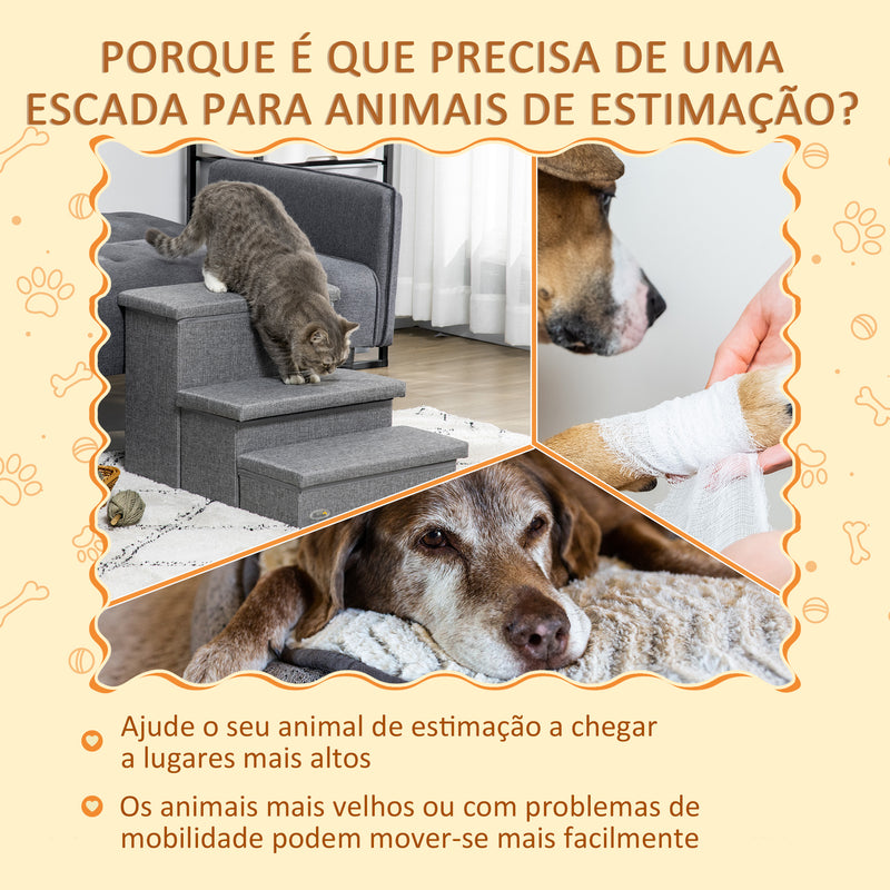 Escada para Animais de Estimação com 3 Degraus para Cães Gatos com Espaço de Armazenamento 63,5x42,5x40,5 cm Cinza