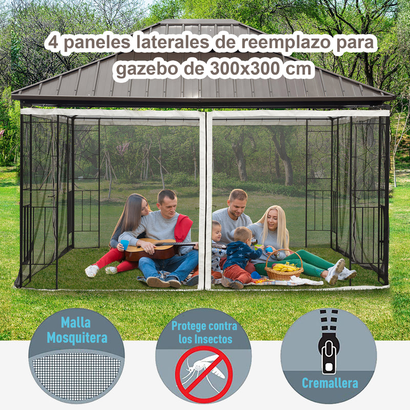 4 Painéis Laterais 302x207 cm para Tenda de Jardim Mosquiteira para Gazebo com Zíperes e Anéis Pretos