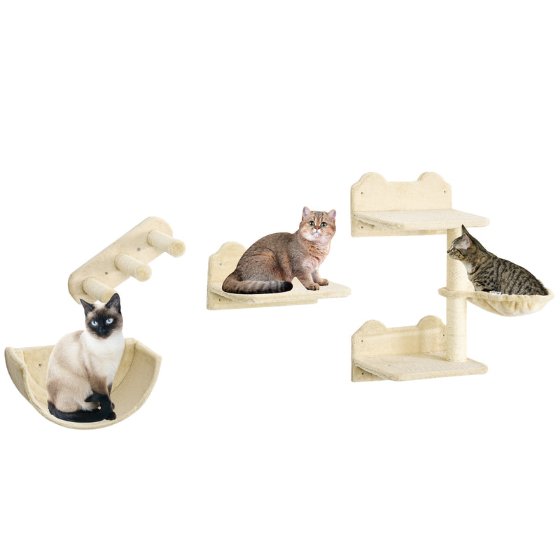 Prateleiras de Escalada para Gatos de Parede Conjunto de Prateleiras para Gatos 4 Peças com Rede Plataforma Semicircular Plataformas de Salto e Poste de Sisal Bege