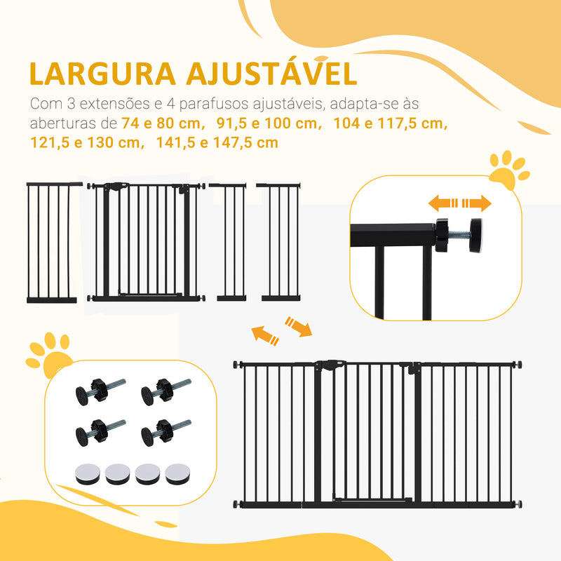 Barreira de Segurança Extensível para Portas e Escadas Barreira de Segurança Cães com Fechamento Automático e Sistema de Duplo Bloqueio Metal 74-147,5x76,2 cm Preto