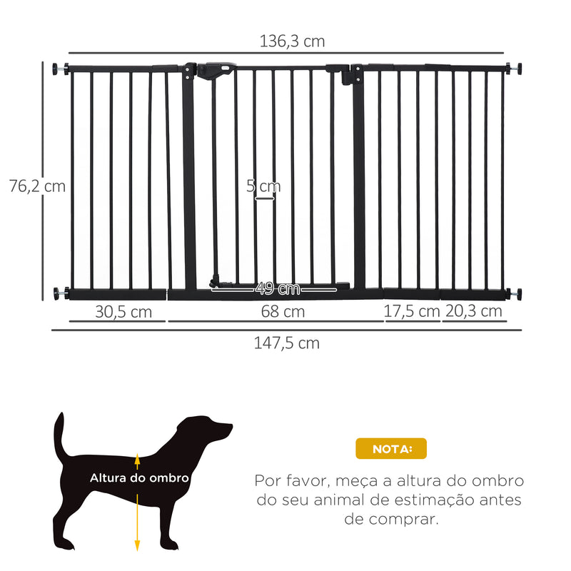 Barreira de Segurança Extensível para Portas e Escadas Barreira de Segurança Cães com Fechamento Automático e Sistema de Duplo Bloqueio Metal 74-147,5x76,2 cm Preto