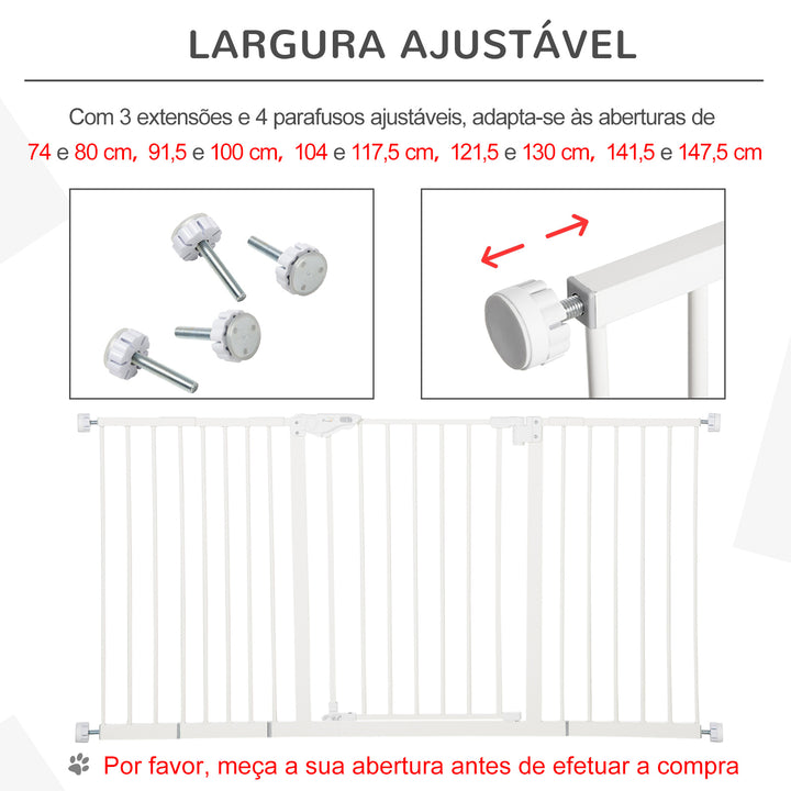 Barreira de Segurança Extensível para Portas e Escadas Barreira de Segurança Cães com Fechamento Automático e Sistema de Duplo Bloqueio Metal 74-147,5x76,2 cm Branco