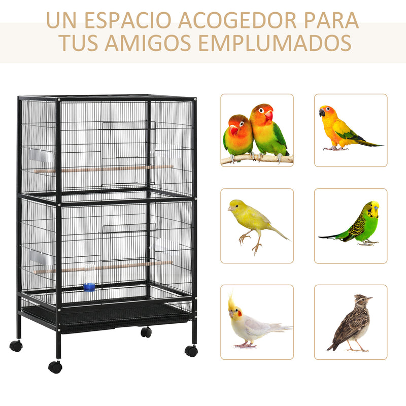 Gaiola para Pássaros com 4 Rodas Gaiola para Pássaros Metálica com Múltiplas Portas 4 Comedouros Bebedouro 2 Poleiros e Bandeja para Louros Canários Periquitos 79x52x137cm Preto