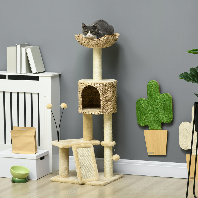 Arranhador para Gatos de 116 cm Torre para Gatos com Postes para Arranhar Cama Caverna de Taboa Rampa e Bolas 45x40x116 cm Bege