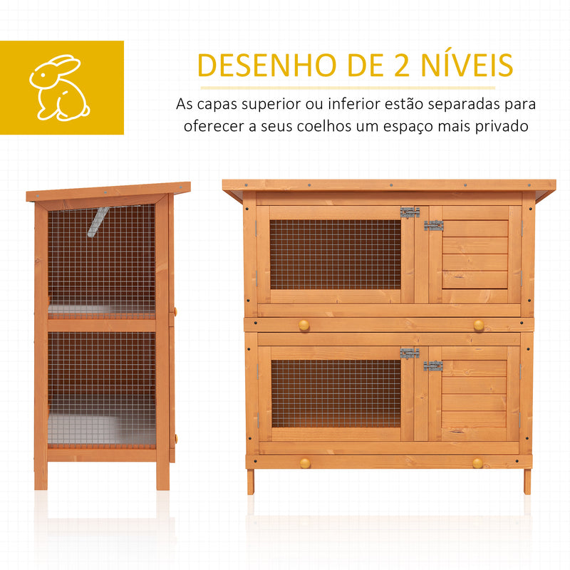 Coelheira de Madeira Exterior de 2 Níveis Gaiola para 1-2 Coelhos Animais Pequenos com Teto Asfáltico Dobrável e 2 Bandejas Removíveis 90x45x90cm Madeira