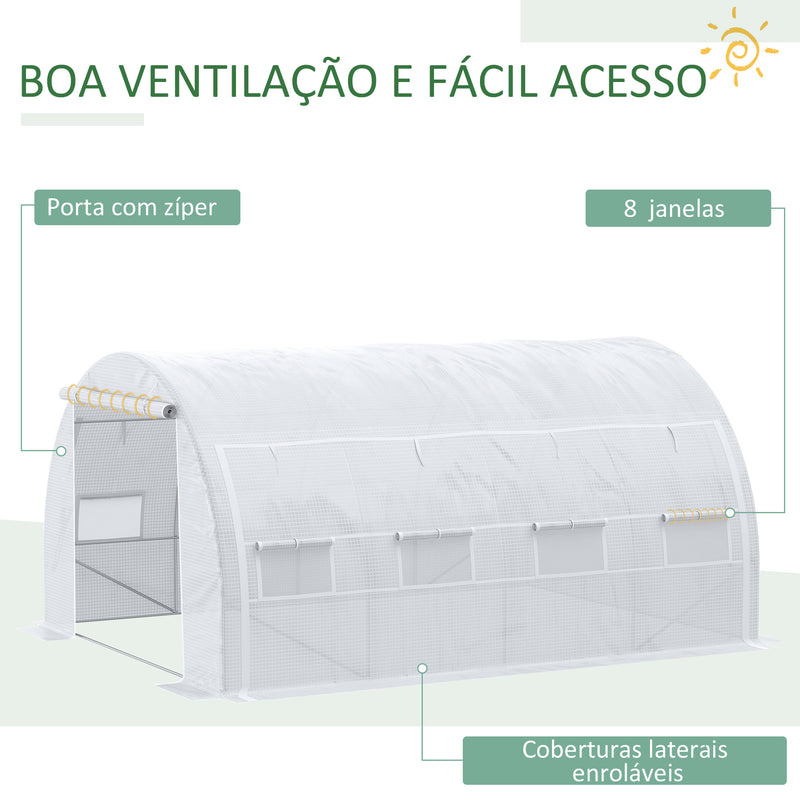 Estufa Tipo Túnel de Jardim 4x3x2m com Porta Enrolável 8 Janelas Cobertura de PE 140g/m² e Metal Galvanizado para Cultivos de Plantas Verduras Branco