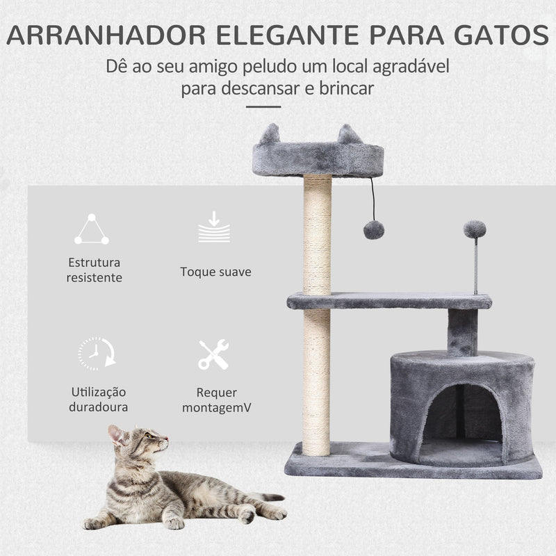 Arranhador para Gatos 81 cm Torre para Gatos Médios com Cama Plataforma Caverna Poste de Sisal e Bolas de Brinquedo 60x40x81 cm Cinza