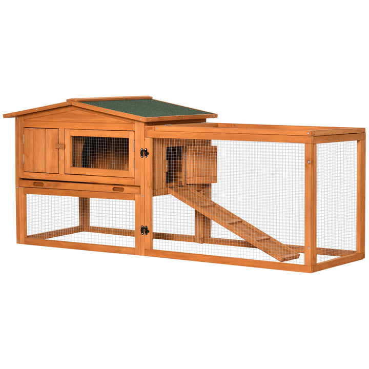 Coelheira de Madeira Exterior Gaiola para Coelhos de 2 Níveis com Teto Asfáltico 2 Áreas Cercadas Bandeja Removível 2 Portas Janela e Rampa 157,4x53x93,5cm Madeira Natural