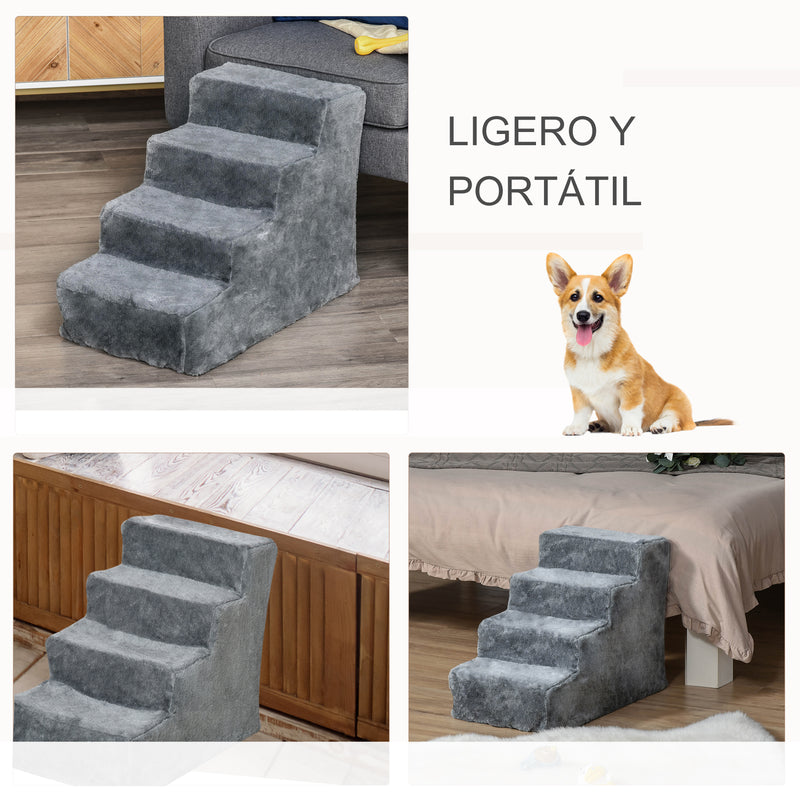 Escada para Animais de Estimação com 4 Degraus 2 em 1 com Capa Removível e Lavável Escada para Cães Gatos Carga 30kg 60x35x44cm Cinza