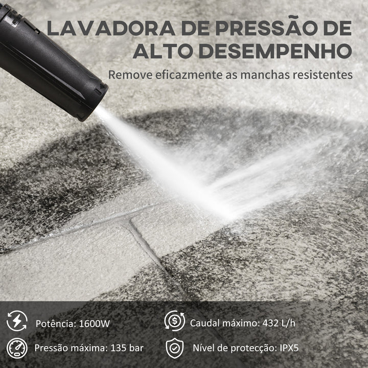Lavadora de Alta Pressão 1600W Caudal 432 L/h Bomba de Alumínio Pressão de 135 Bar Mangueira de 6 m Inclui Garrafas de Sabão Bocal Escova 32x24x65 cm Azul