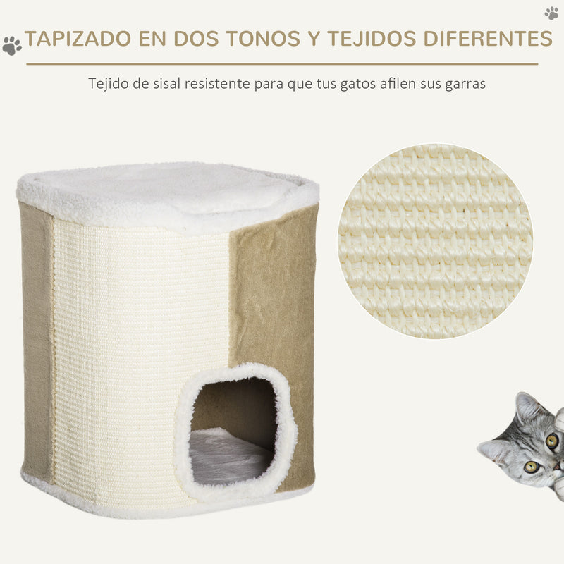 Barril Arranhador para Gatos de 2 Níveis com Caverna de Sisal Pelúcia Suave e Plataforma de Velo 40x40x49cm Bege