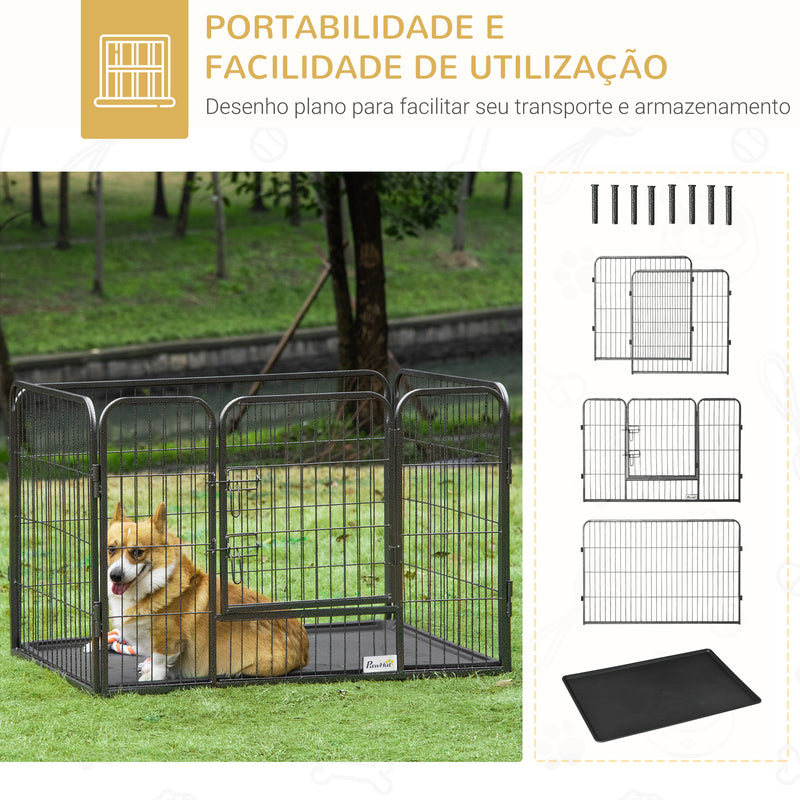 Barreira de Segurança para Animais de Estimação Parque de Diversão para Animais com 4 Painéis de Aço 109x74x71cm com Porta de Trava Dupla e Bandeja Removível para Exterior Interior Cinza