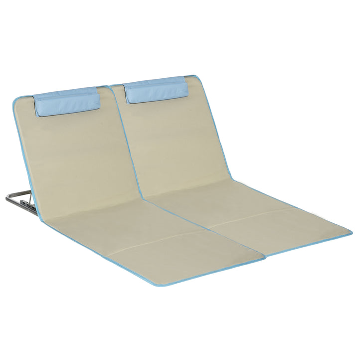 Conjunto de 2 Esteiras de Praia Dobráveis 124x53x50cm com Encosto Ajustável e Apoio para a Cabeça Esteira de Praia Tecido Oxford Aço com Bolsa de Transporte Bege e Azul