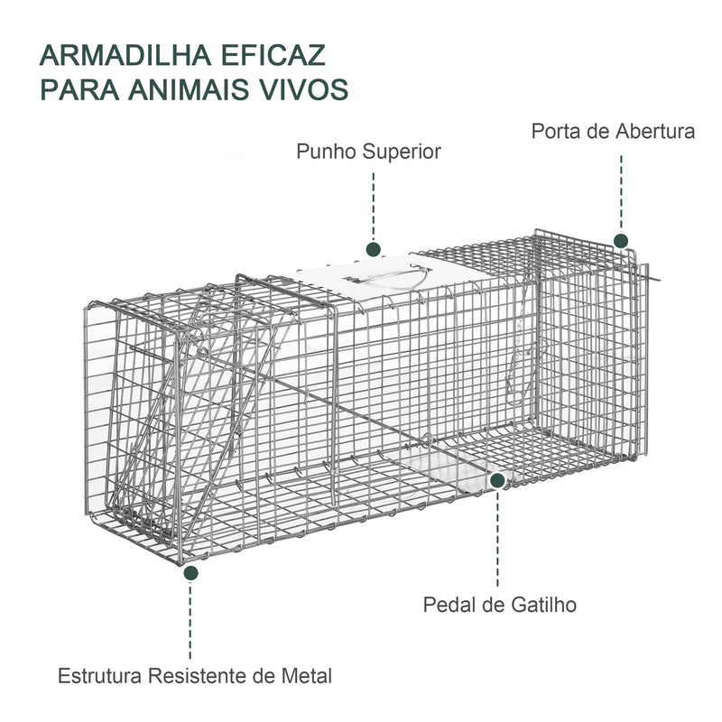 Armadilha para Animais Vivos Dobrável 81x26x34,5 cm Gaiola de Captura com Porta e Alça para Coelhos Roedores Prata