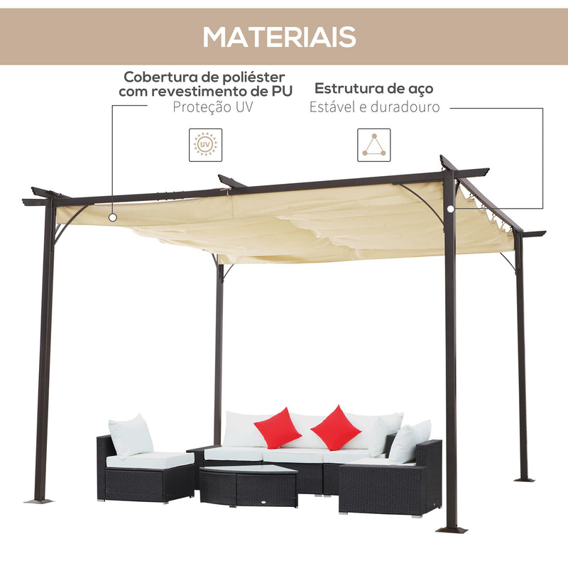 Pérgula de Metal 3.5x3.5m Gazebo para Jardim Pátio ou Terraço com Tecto Retráctil Pano Poliéster Resistente à Água e UV