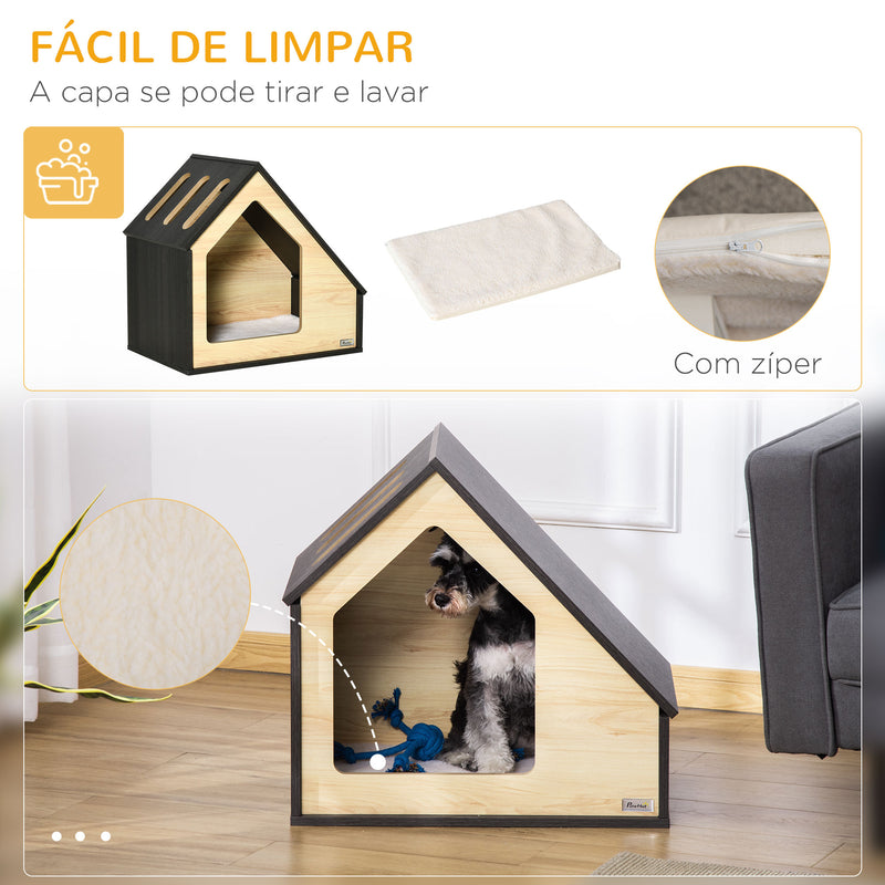 Casa de Madeira para Cães Casa para Cães para Uso Interior com Almofada Removível Lavável e 3 Ventilações 60x40x59,2cm Preto e Madeira Natural