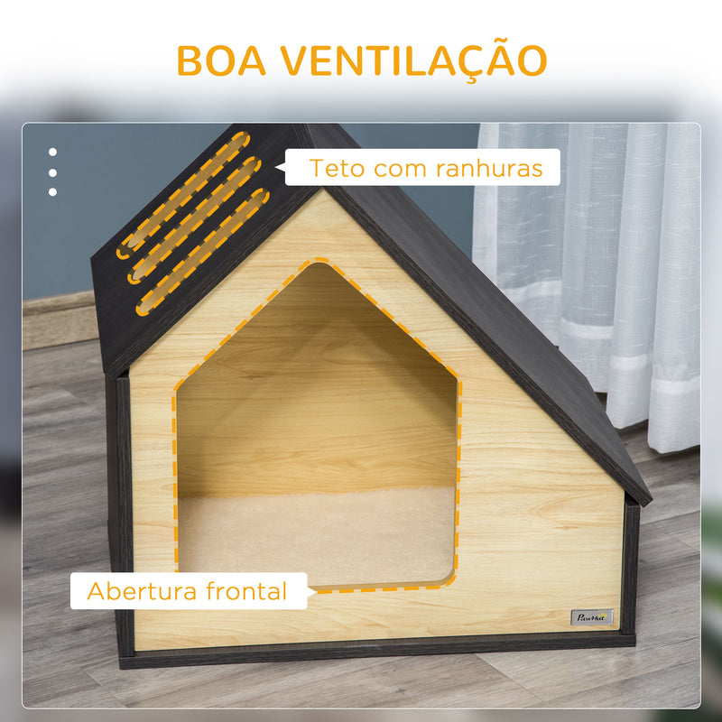 Casa de Madeira para Cães Casa para Cães para Uso Interior com Almofada Removível Lavável e 3 Ventilações 60x40x59,2cm Preto e Madeira Natural