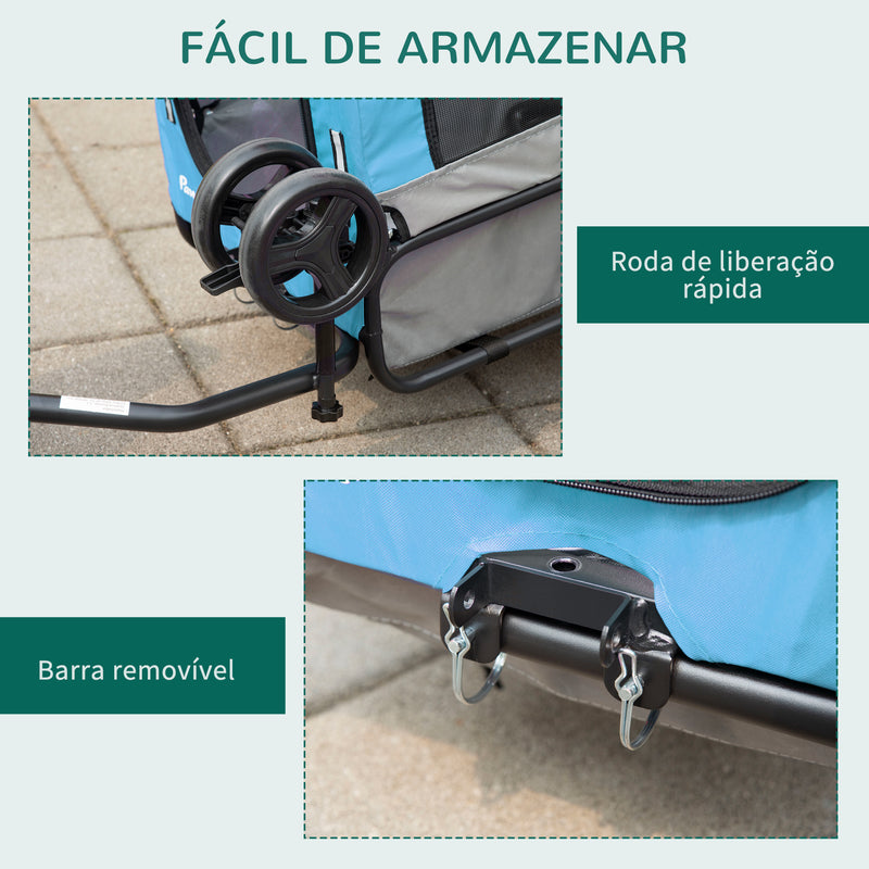 Reboque de Bicicleta para Cães 2 em 1 Carrinho para Animais de Estimação com Cinto de Segurança Guiador de Empurre Removível Bandeira e Refletores Carga Máxima 10kg 129x55,5x92cm Azul