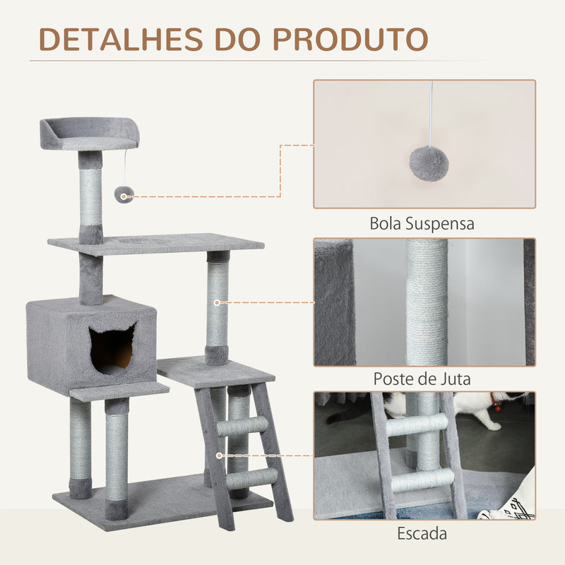 Árvore Arranhadora para Gatos Torre de Escalada com Plataformas Escada Caverna Postes de Juta e Bola Suspensa 60,5x40x124cm Cinza