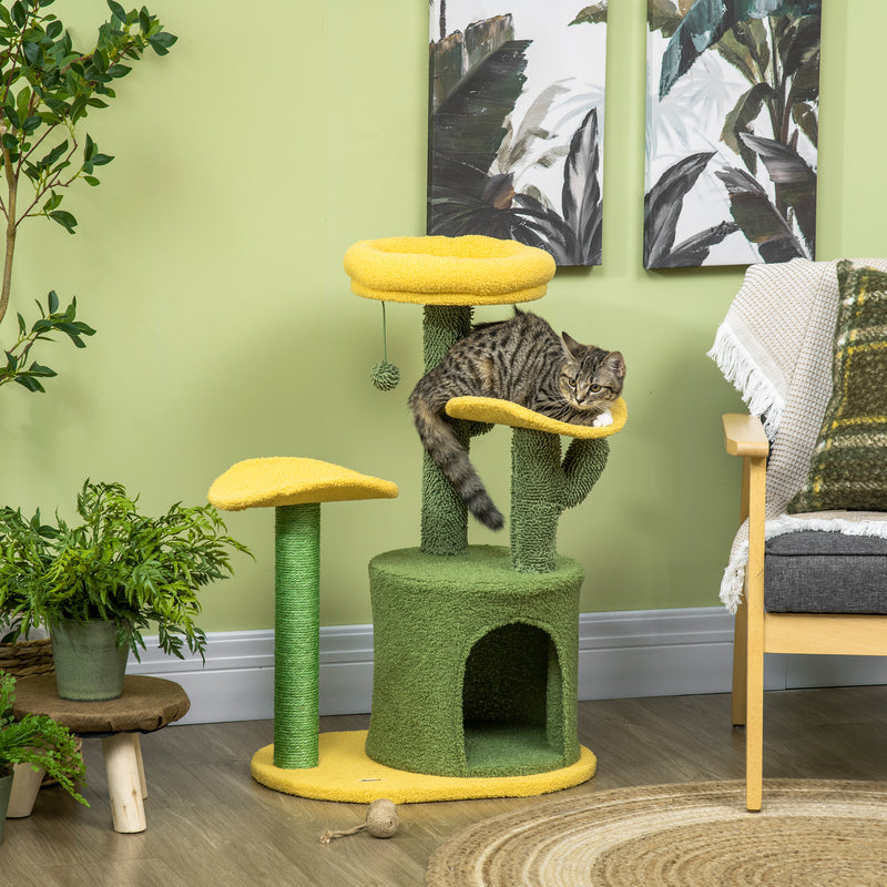 Árvore Arranhador para Gatos em Forma de Cacto Altura 83cm Torre para Gatos com Cama Casa de Pelúcia Plataformas Postes de Sisal e Bolsa Suspensa 54x39x83cm Amarelo e Verde