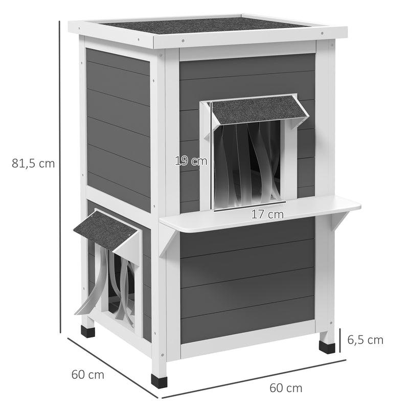 Casa para Gatos de Madeira 60x60x81,5 cm Casa para Gatos Refugio para Gatos de 2 Níveis com Cortina e Portas com Beirais Impermeáveis e Varanda Cinza e Branco