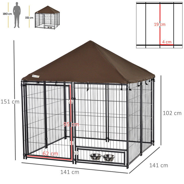Parque para Cães com Toldo Suporte Giratório 2 Tigelas Incluídas para jardim 141x141x121cm Preto Marrom