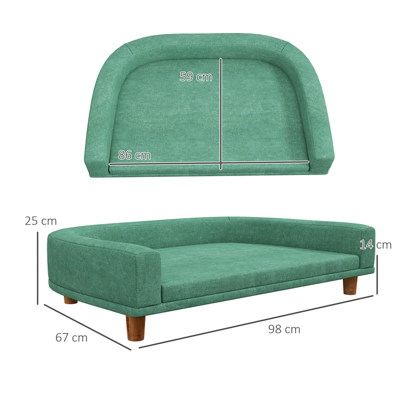 Sofá para Cães Cama Elevada para Cães Estofada com Almofada Lavável e Pés de Madeira de Pinho Carga Máxima 40 kg 98x67x25 cm Verde