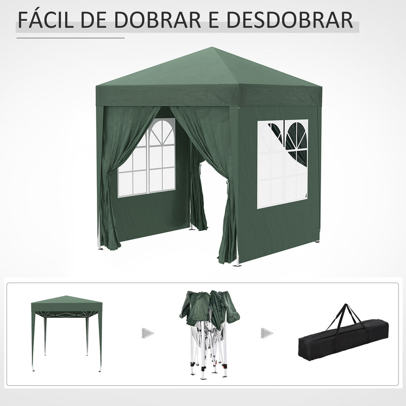 Tenda Dobrável 2x2 m Tenda de Jardim com 4 Paredes Laterais Tecido Oxford 2 Portas 2 Janelas e Bolsa de Transporte para Exterior Terraço Campismo Festas Verde