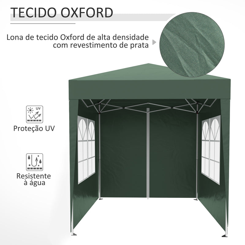 Tenda Dobrável 2x2 m Tenda de Jardim com 4 Paredes Laterais Tecido Oxford 2 Portas 2 Janelas e Bolsa de Transporte para Exterior Terraço Campismo Festas Verde