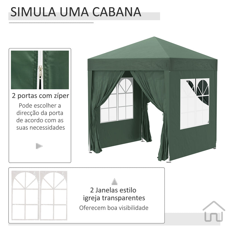 Tenda Dobrável 2x2 m Tenda de Jardim com 4 Paredes Laterais Tecido Oxford 2 Portas 2 Janelas e Bolsa de Transporte para Exterior Terraço Campismo Festas Verde