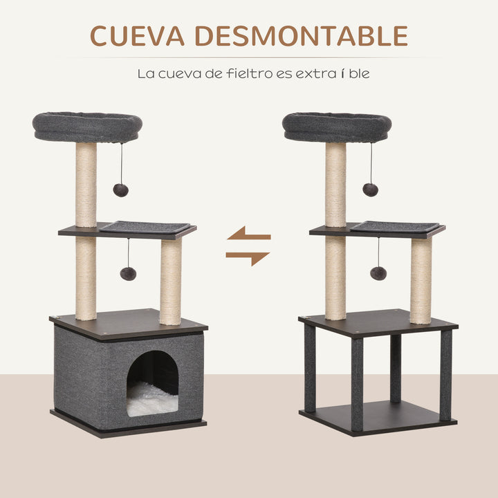 Árvore para Gatos com Caverna de Feltro Desmontável Postes Arranhadores de Sisal Natural Cama Superior Almofadas Removíveis e 2 Bolas de Brinquedo 40x40x104cm Cinza Escuro