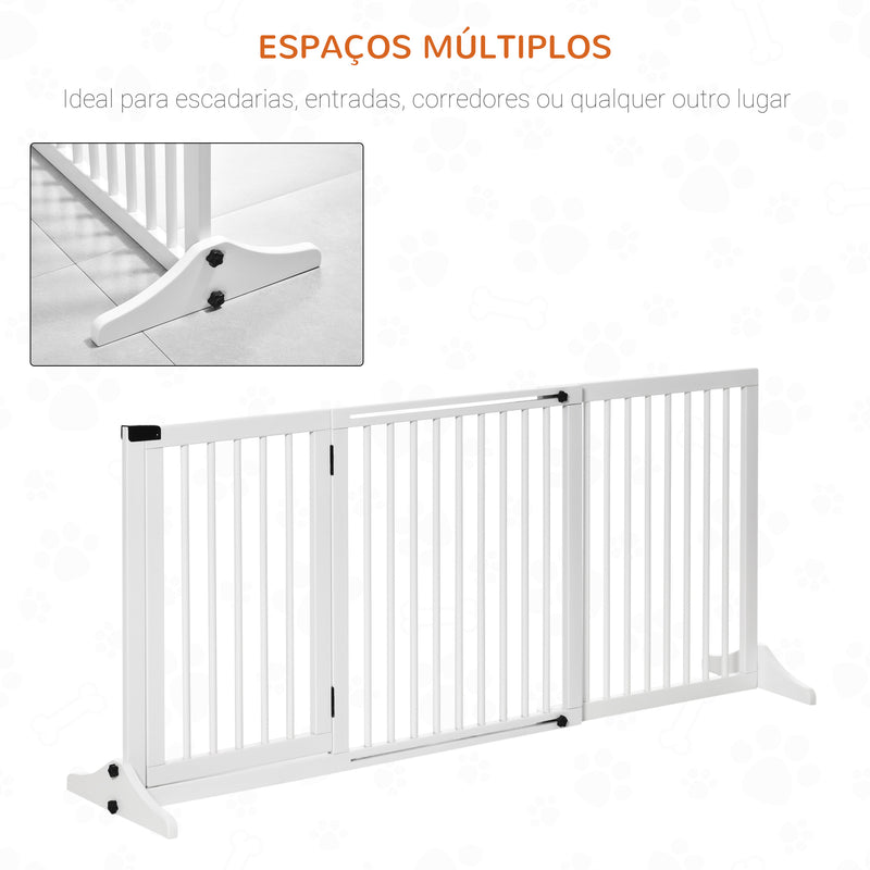 Barreira de Segurança Extensível para Cães Grade de Proteção para Escadas e Portas 113-166cm 3 Peças com Estrutura de Madeira e Suporte de Pé 113-166x36x71cm Branco