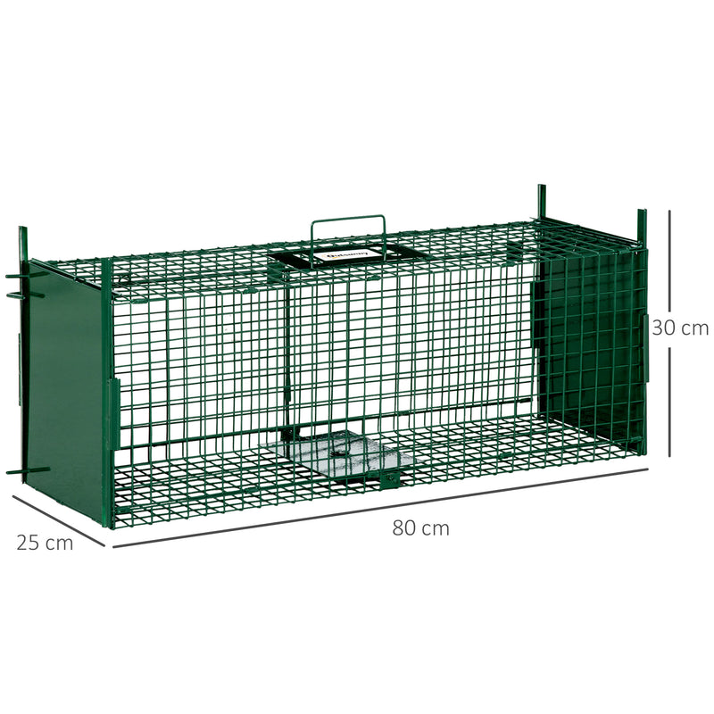 Armadilha para Animais Vivos com Porta Gaiola de Captura com Alça de Transporte para Coelhos Raposas Pequenas 80x25x30cm Verde Escuro