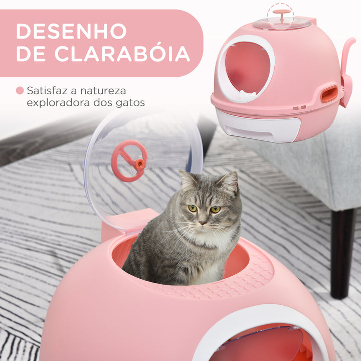 Caixa de Areia para Gatos Coberta Caixa de Areia Fechada para Gatos com Clarabóia Bandeja Amovível e Pá 47x55x44cm Rosa
