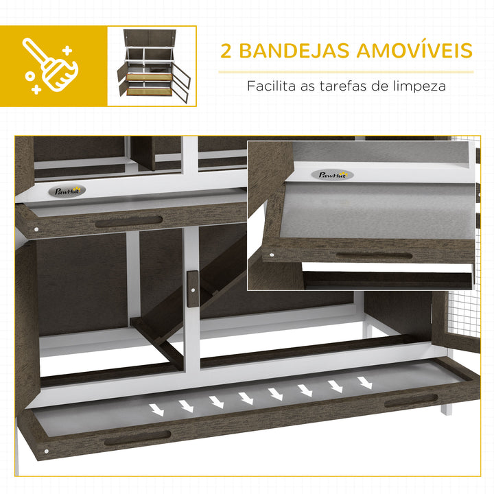 Coelheira de Madeira Gaiola para Coelhos de 2 Pisos 97x44x91 cm com Teto Asfáltico Portas com Trava Bandejas Amovíveis e Rampa para 2 Coelhos Marrom