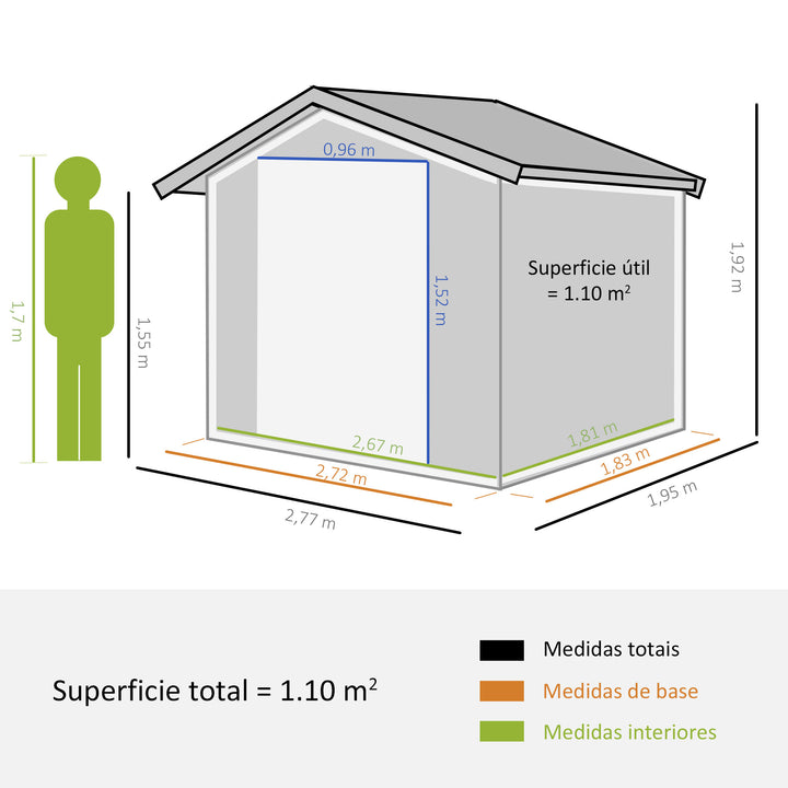 Abrigo de Jardim Exterior Abrigo e Jardim Metálico para Armazenamento de Ferramentas com Base Incluída e 4 Janelas 277x195x192cm Cinza Escuro