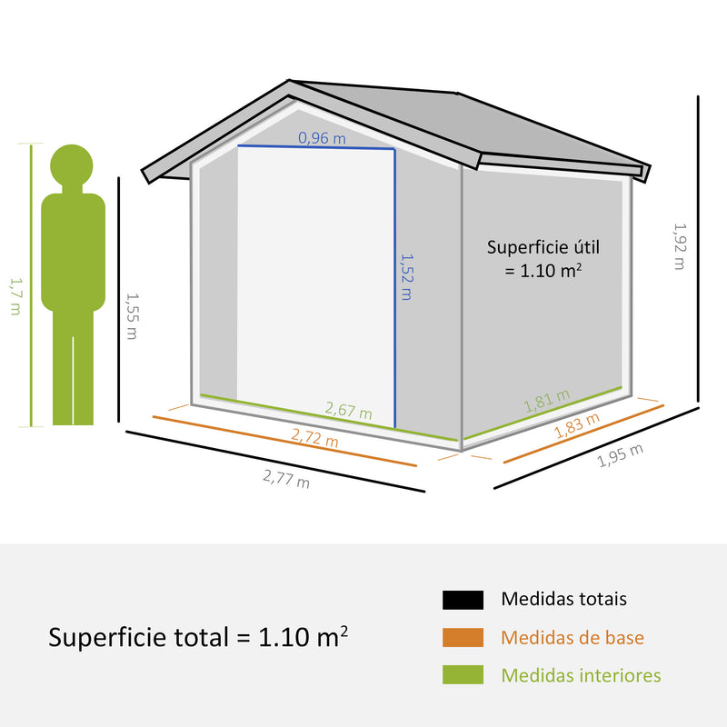 Abrigo de Jardim Exterior Abrigo e Jardim Metálico para Armazenamento de Ferramentas com Base Incluída e 4 Janelas 277x195x192cm Cinza Escuro