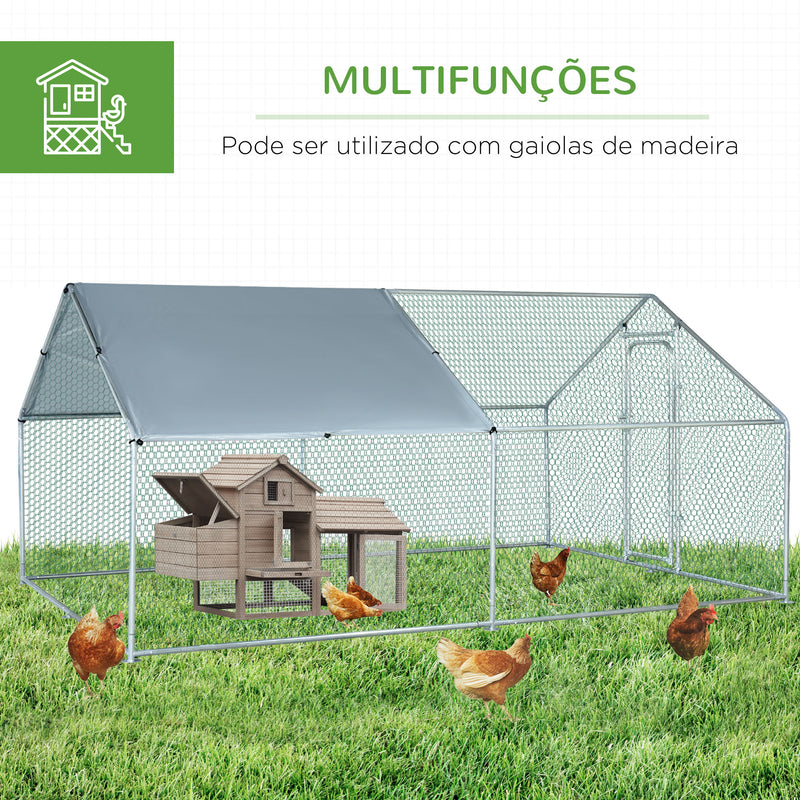 Galinheiro de Exterior Grande de Metal Galvanizado 3x4x1,95 m Gaiola para Galinhas Coelhos com Porta e Cobertura de Tecido de Oxford Resistente aos Raios UV Prata