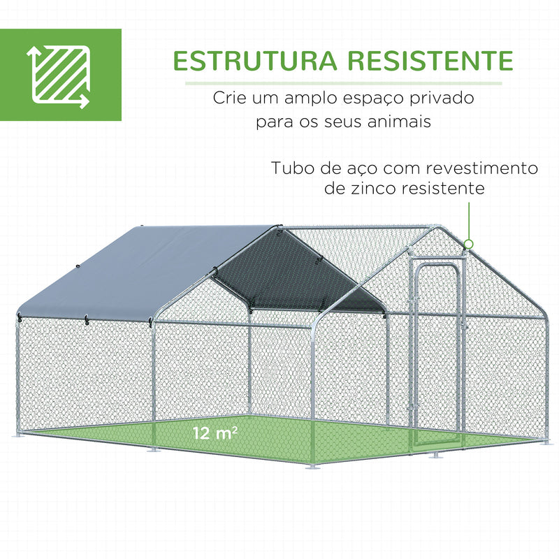 Galinheiro de Exterior Grande de Metal Galvanizado 3x4x1,95 m Gaiola para Galinhas Coelhos com Porta e Cobertura de Tecido de Oxford Resistente aos Raios UV Prata