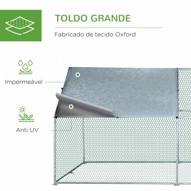 Galinheiro de Exterior Grande de Metal Galvanizado 3x4x1,95 m Gaiola para Galinhas Coelhos com Porta e Cobertura de Tecido de Oxford Resistente aos Raios UV Prata