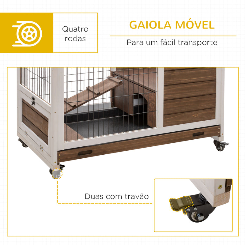 Coelheira de Madeira Gaiola de para Pequenos Animais Portátil com Teto Abatível Rampa Bandeja Removível para Coelhos da Índia 90x53x59cm Marrom